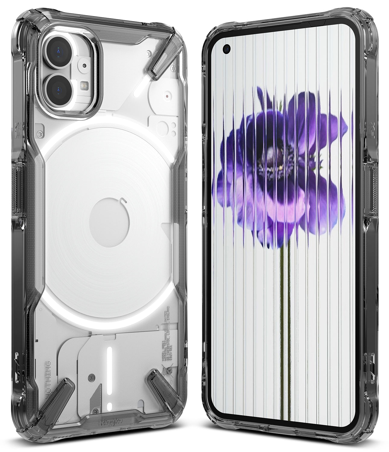 Nothing Phone (1) Case | Fusion-X - Clear protective case on a Nothing Phone (1) showing back and front with a purple flower.