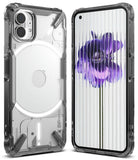 Nothing Phone (1) Case | Fusion-X - Clear protective case on a Nothing Phone (1) showing back and front with a purple flower.