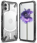 Nothing Phone (1) Case | Fusion-X - Clear protective case on a Nothing Phone (1) showing back and front with a purple flower.