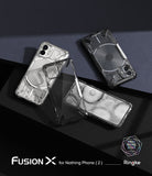 Nothing Phone (2) Case | Fusion-X - Three clear protective cases for Nothing Phone (2) displayed on a dark geometric surface.