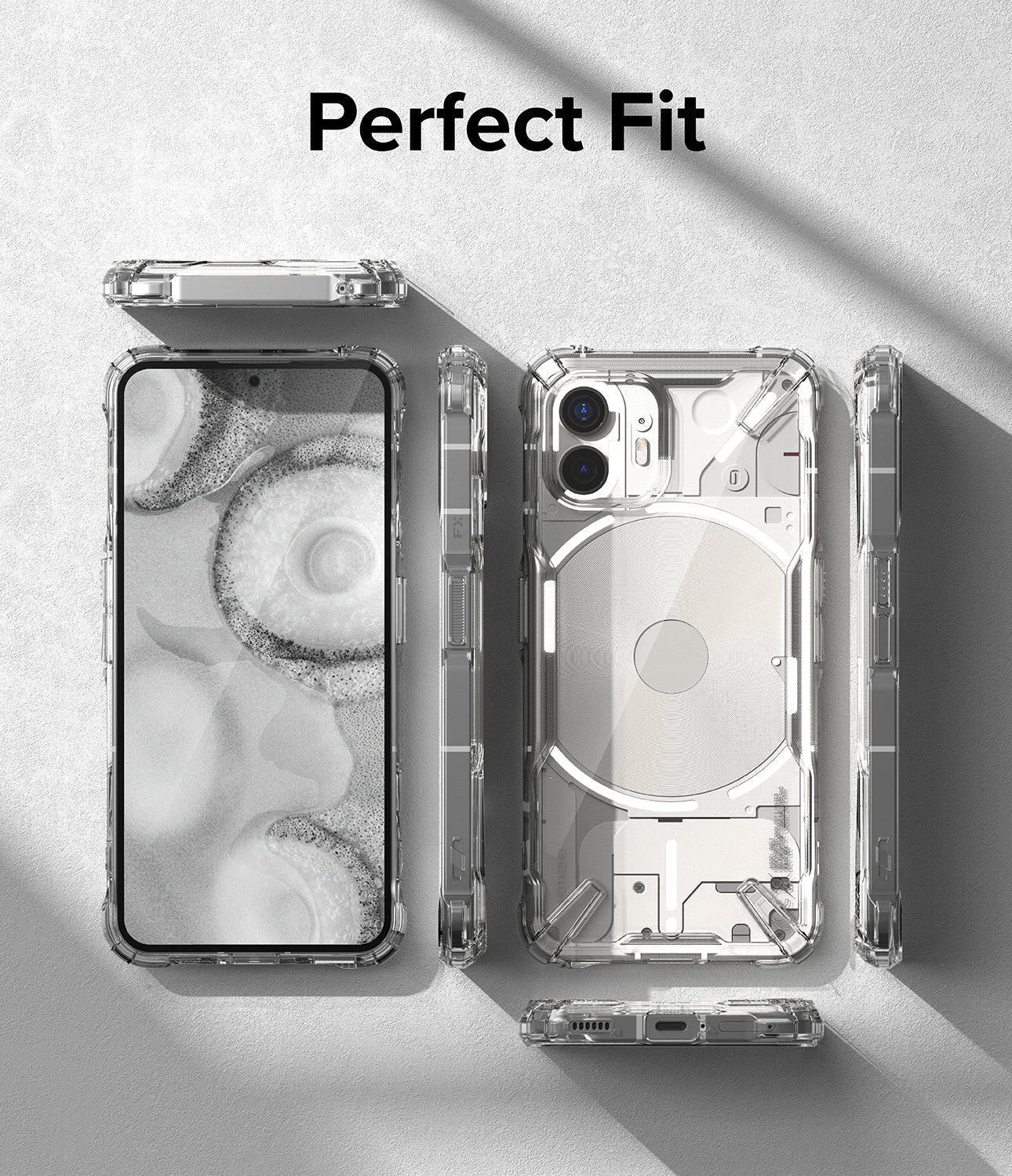 Nothing Phone (2) Case | Fusion-X - Clear protective case shown from multiple angles around a Nothing Phone (2).