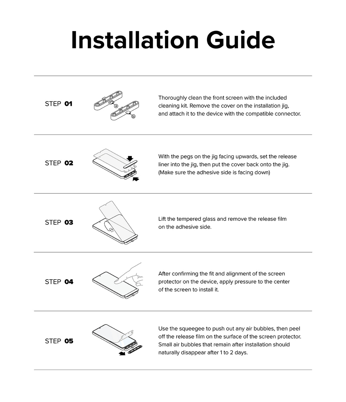 Nothing Phone (2a) / (2a) Plus Screen Protector | Glass - Five-step illustrated guide for installing a screen protector.