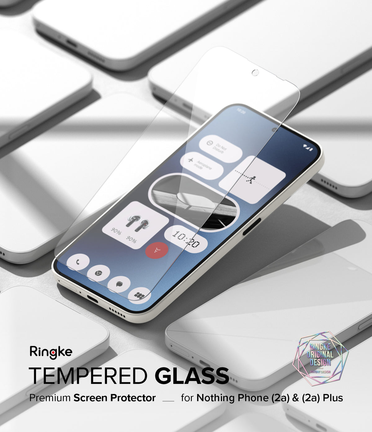 Nothing Phone (2a) / (2a) Plus Screen Protector | Glass - Nothing Phone (2a) / (2a) Plus Screen Protector - Tempered glass film hovering over a smartphone with a widget interface.