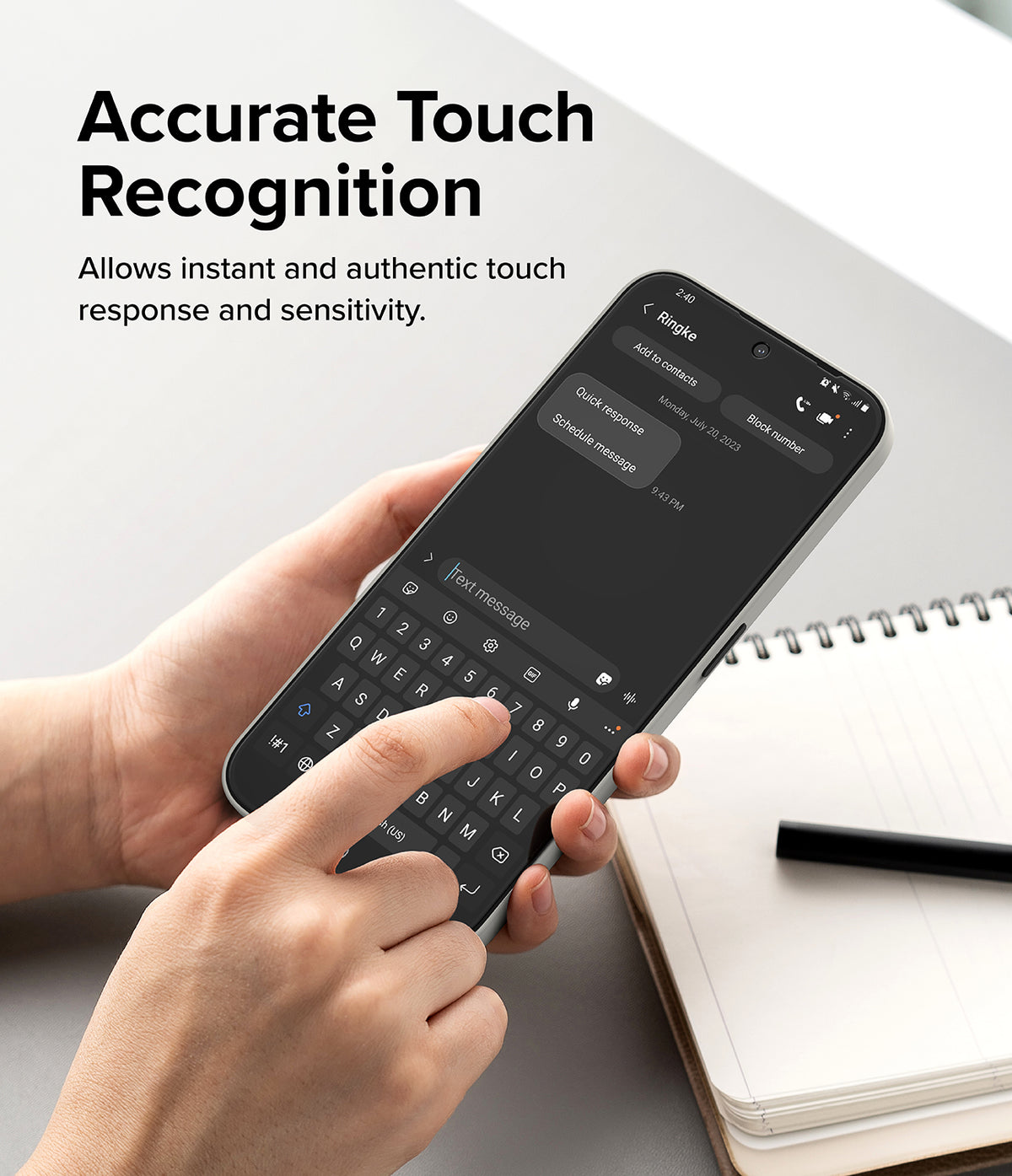 Nothing Phone (2a) / (2a) Plus Screen Protector | Glass - Hands typing on a smartphone screen with a glass protector.