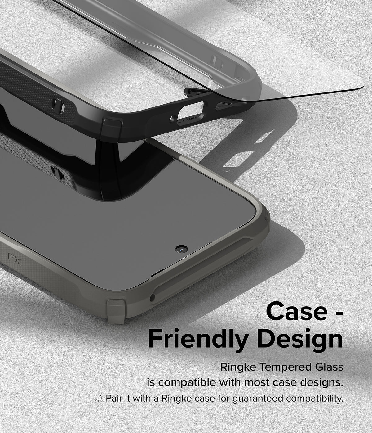 Nothing Phone (2a) / (2a) Plus Screen Protector | Glass - Tempered glass screen protector hovering above a phone in a case.