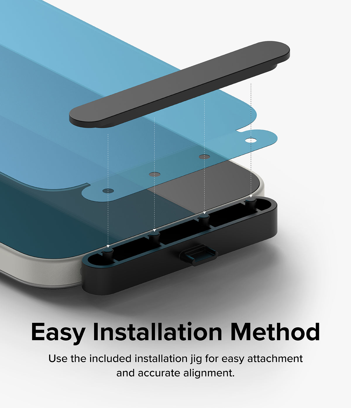 Nothing Phone (2a) / (2a) Plus Screen Protector | Glass - Diagram showing a screen protector aligning with a phone using an installation jig.