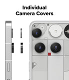 Nothing Phone (3) | Camera Glass - Side and rear view of a phone showing individual black camera lens covers being applied.