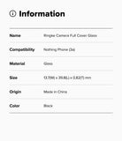 Nothing Phone (3a) | Camera Glass - Information table listing product name, compatibility, material, size, origin, and color.
