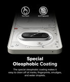Nothing Phone (3a) | Camera Glass - Close-up of phone camera lens with oleophobic coating icons for touch and anti-fingerprint.