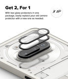 Nothing Phone (3a) | Camera Glass - Two black camera lens protectors hovering above a smartphone camera module.