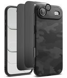 [Bundle] iPhone Air | Onyx Magnetic - Exploded view of a black camo iPhone case, screen protector, and camera lens ring.