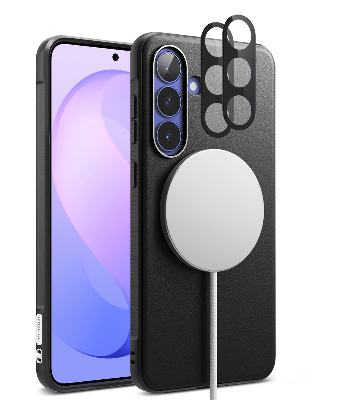 Bundle 15% Galaxy S26 FE Case + Screen / Camera Protectors | Onyx Magnetic - Black protective phone case with a textured back, MagSafe-compatible magnetic ring, and camera cutouts, shown on a smartphone against a white background.
