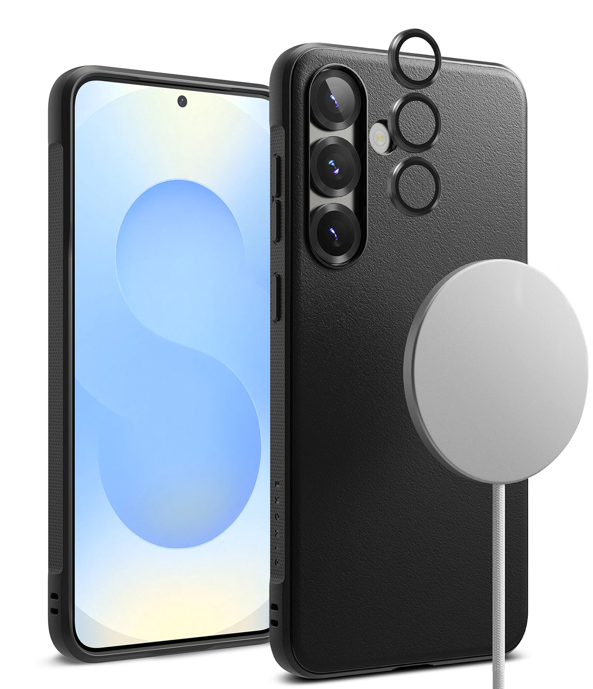[Bundle] Galaxy S25 | Onyx Magnetic - Black phone case with magnetic charger and camera lens protectors.
