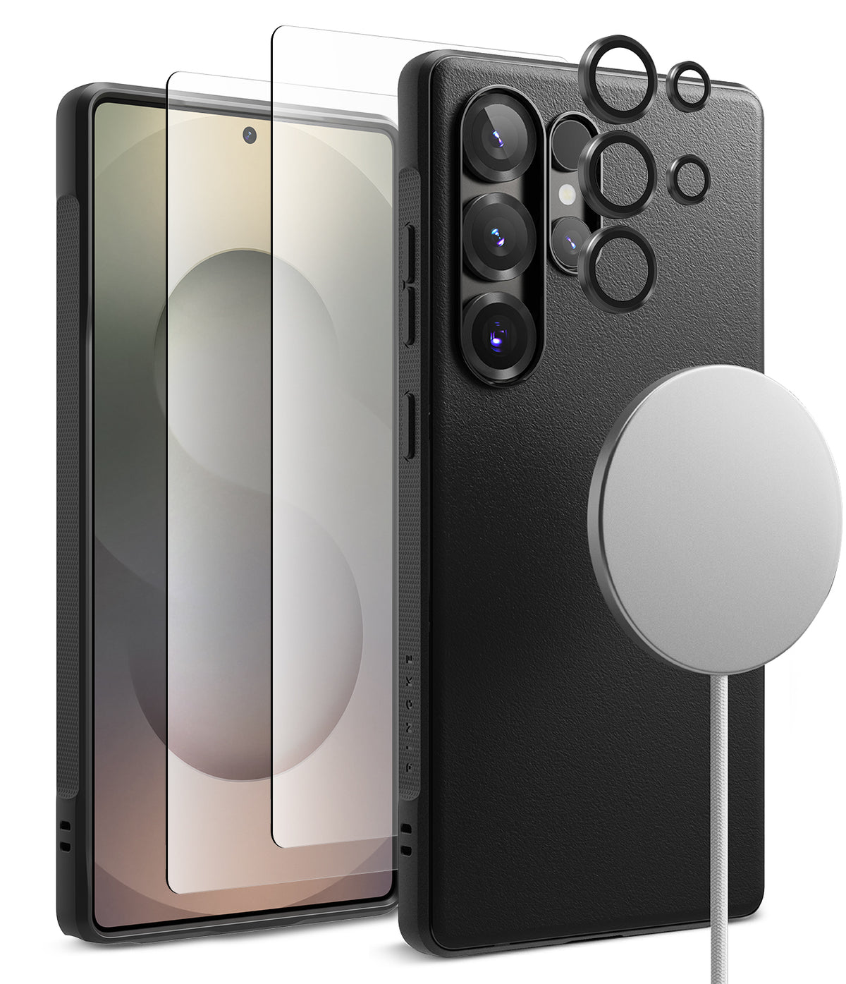 [Bundle] Galaxy S25 Ultra | Onyx Magnetic - Black phone case, screen protector, lens rings, and magnetic charger.