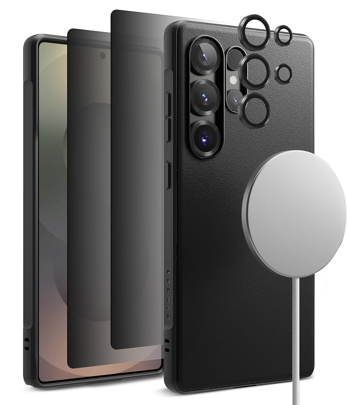 [Bundle] Galaxy S25 Ultra | Onyx Magnetic - Black phone case, screen protector, and lens rings with a magnetic charger.