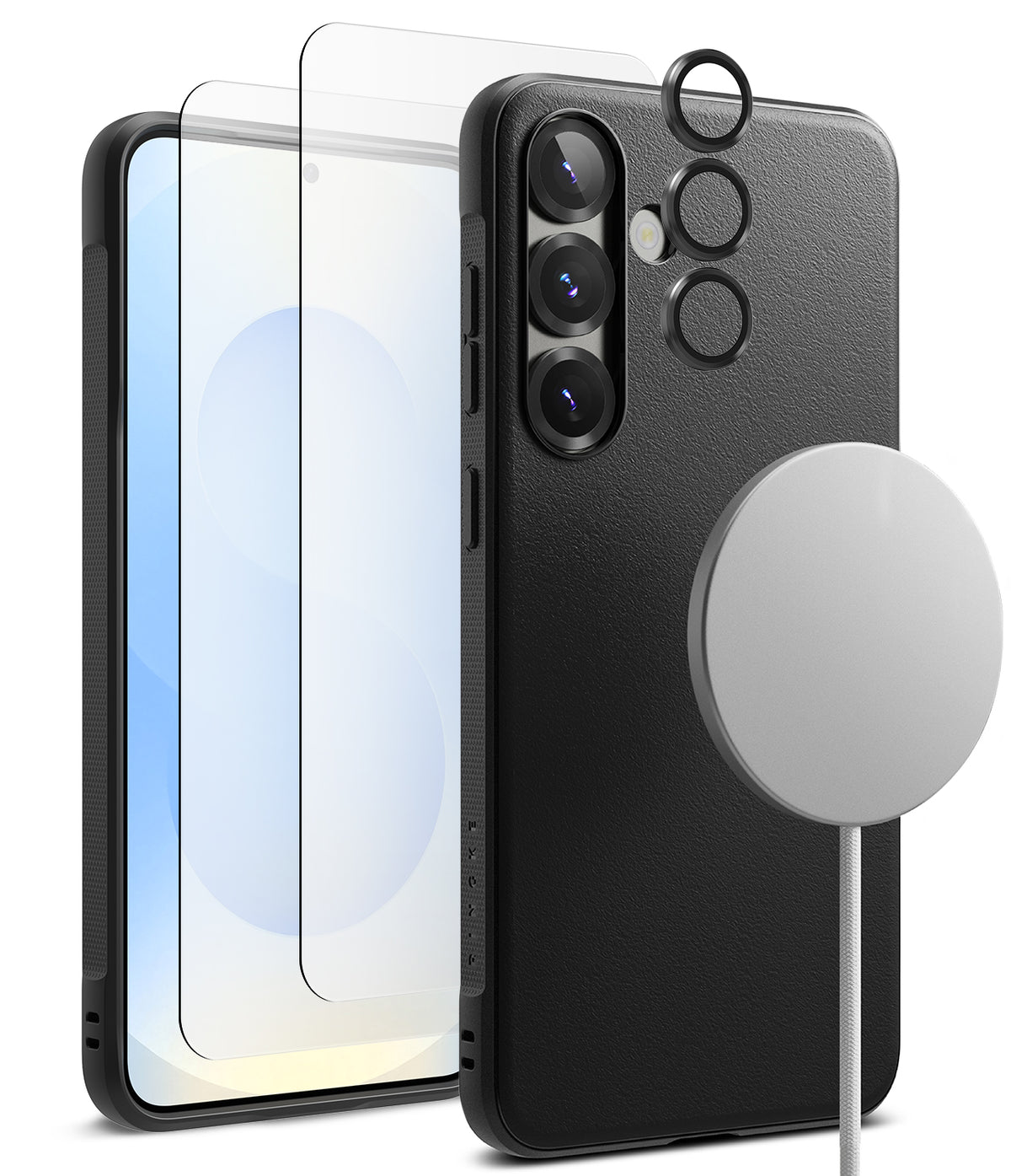 [Bundle] Galaxy S25 | Onyx Magnetic - Black phone case, screen protector, and magnetic charger on a white background.