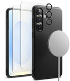[Bundle] Galaxy S25 | Onyx Magnetic - Black phone case, screen protector, and magnetic charger on a white background.