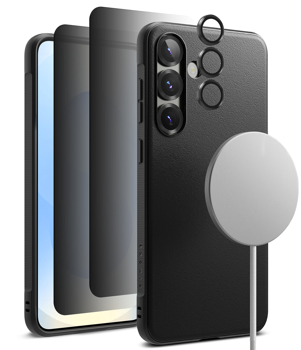 [Bundle] Galaxy S25 | Onyx Magnetic - Black phone case with magnetic charger, screen protector, and lens rings.