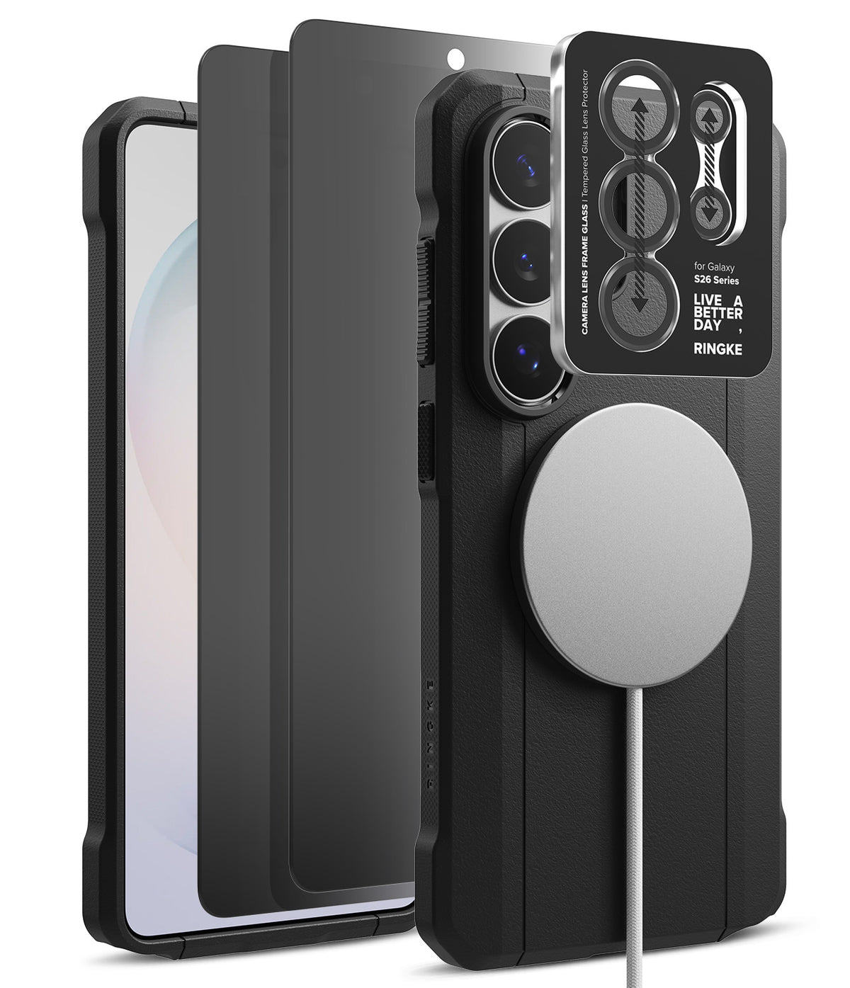 [Bundle] Galaxy S26 Ultra | Onyx α Magnetic - Black phone case with magnetic charger, screen protector, and camera lens cover.