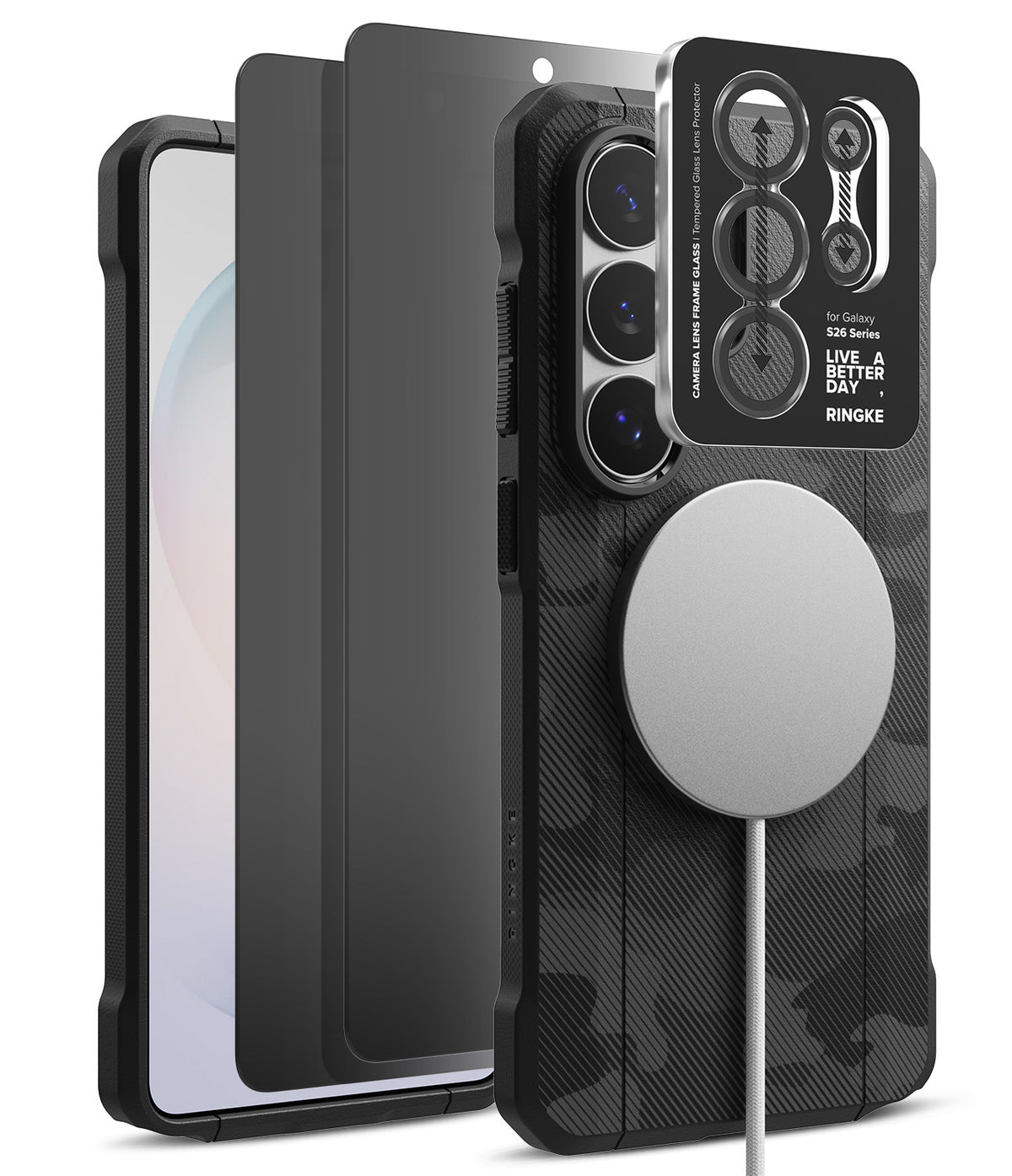 [Bundle] Galaxy S26 Ultra | Onyx α Magnetic - Galaxy S26 Ultra | Onyx α Magnetic - Camo phone case with magnetic charger, screen protector, and camera lens cover.