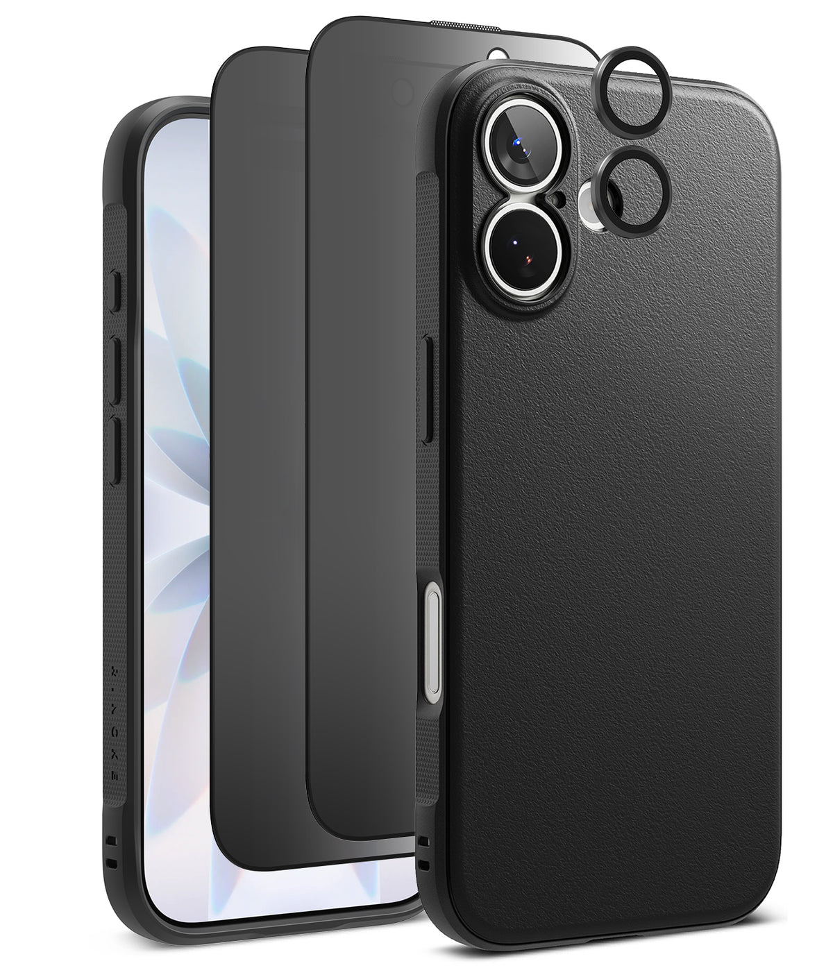 [Bundle] iPhone 17 | Onyx Magnetic - Black iPhone case, screen protector, and camera lens covers arranged in a layered view.