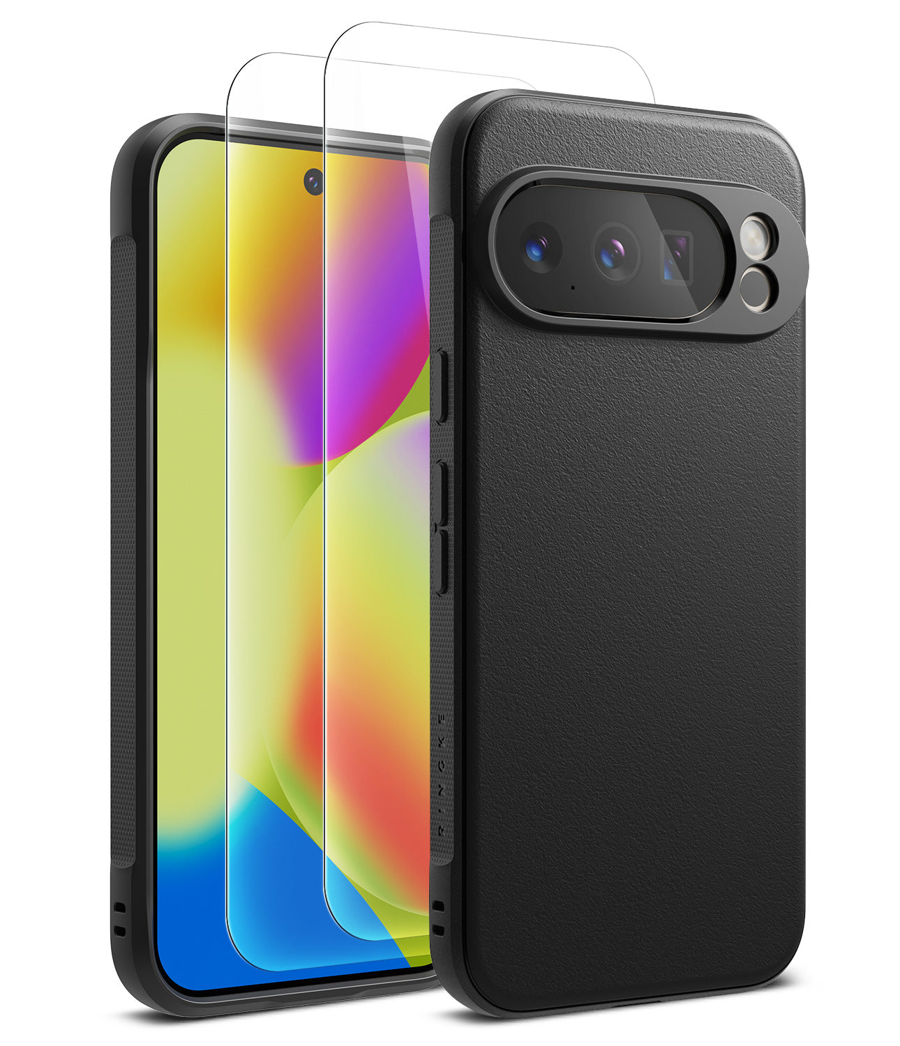 [Bundle] Google Pixel 10 Pro XL Case | Onyx - Bundle - Google Pixel 10 Pro XL Onyx case and two clear screen protectors shown against a colorful phone display.