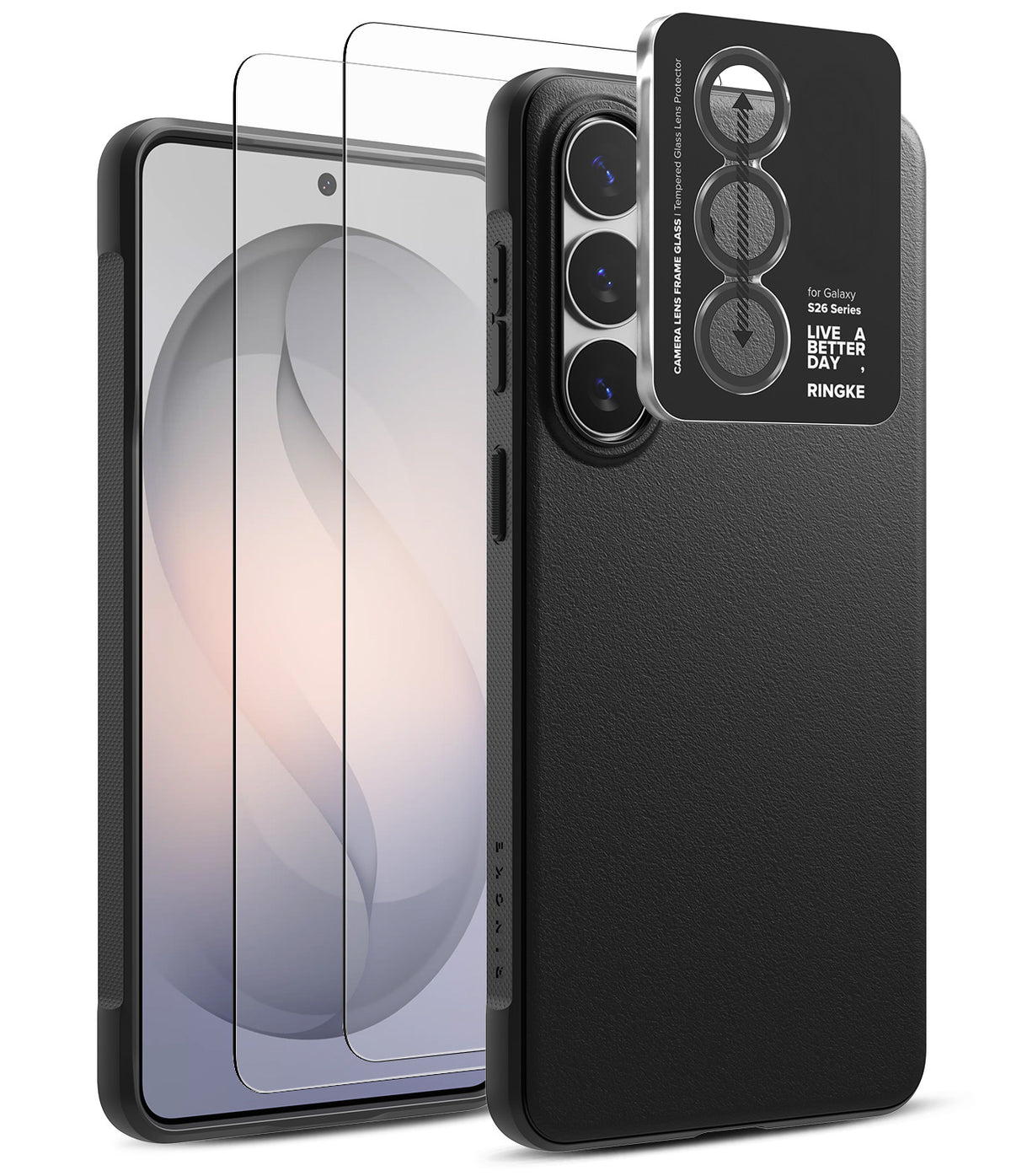 [Bundle] Galaxy S26 Plus | Onyx - Galaxy S26 Plus | Onyx - Black phone case, screen protector, and camera lens frame for Samsung Galaxy S26 Plus.