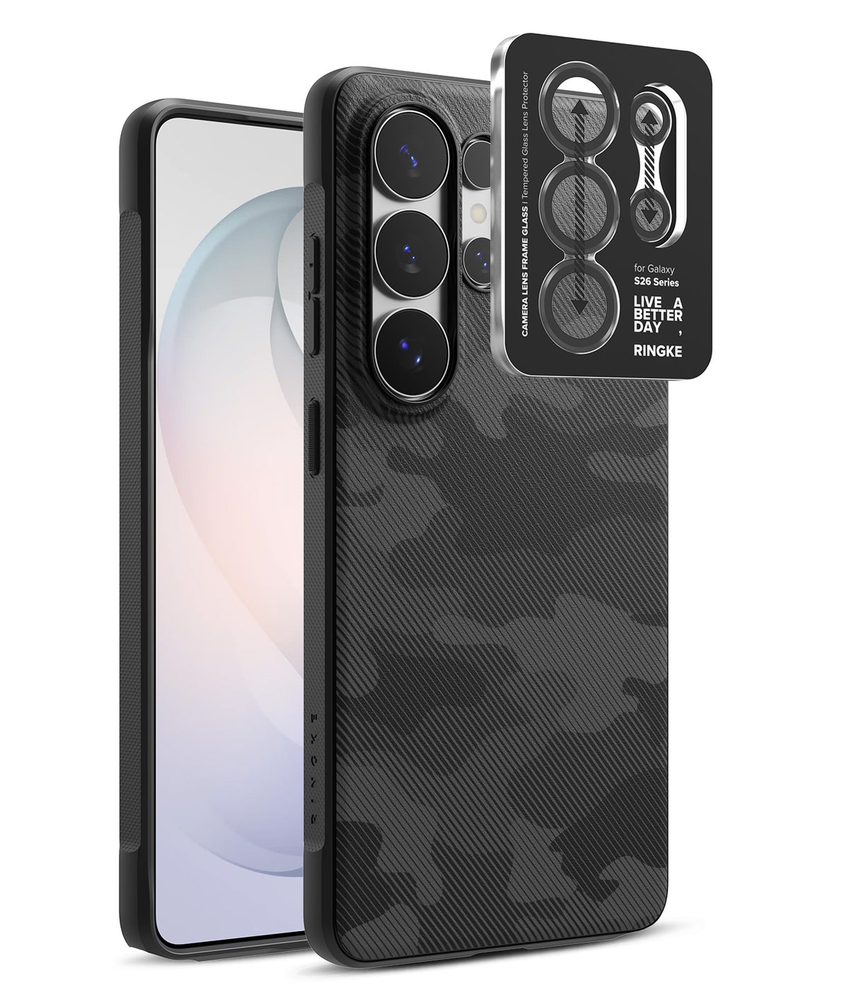[Bundle] Galaxy S26 Ultra | Onyx - Galaxy S26 Ultra | Onyx - Black camo phone case with a separate tempered glass camera lens protector bundle.