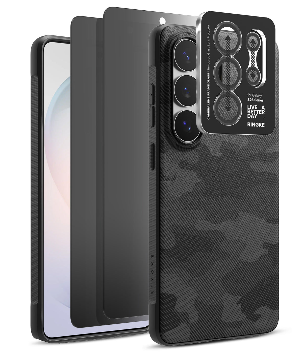 [Bundle] Galaxy S26 Ultra | Onyx - Black camo phone case with a separate camera lens protector and screen film layers.