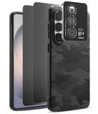 [Bundle] Galaxy S26 | Onyx - Black camo phone case with a separate camera lens protector aligned for installation.