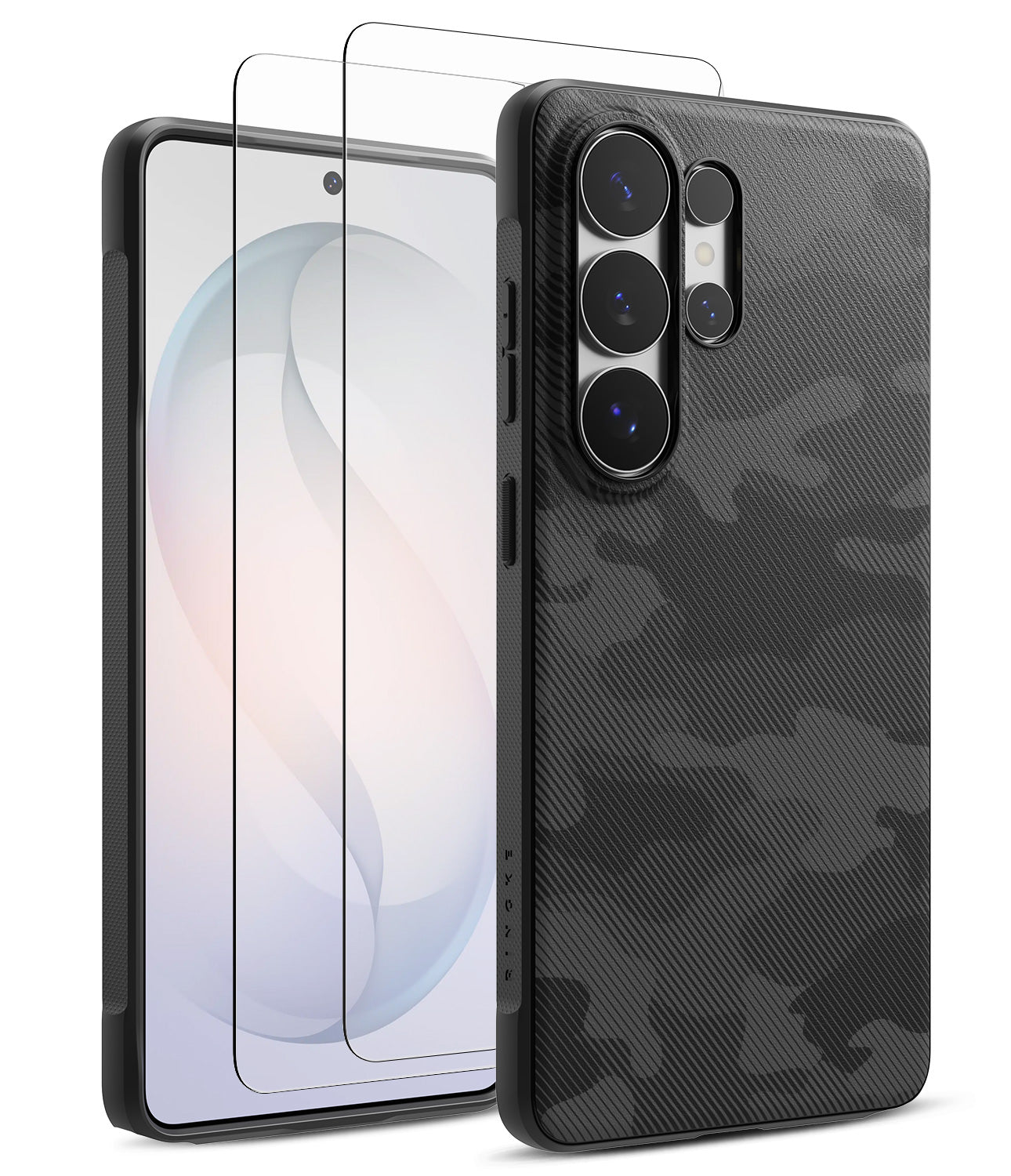 [Bundle] Galaxy S26 Ultra | Onyx - Galaxy S26 Ultra with a black camo case and two glass screen protectors.