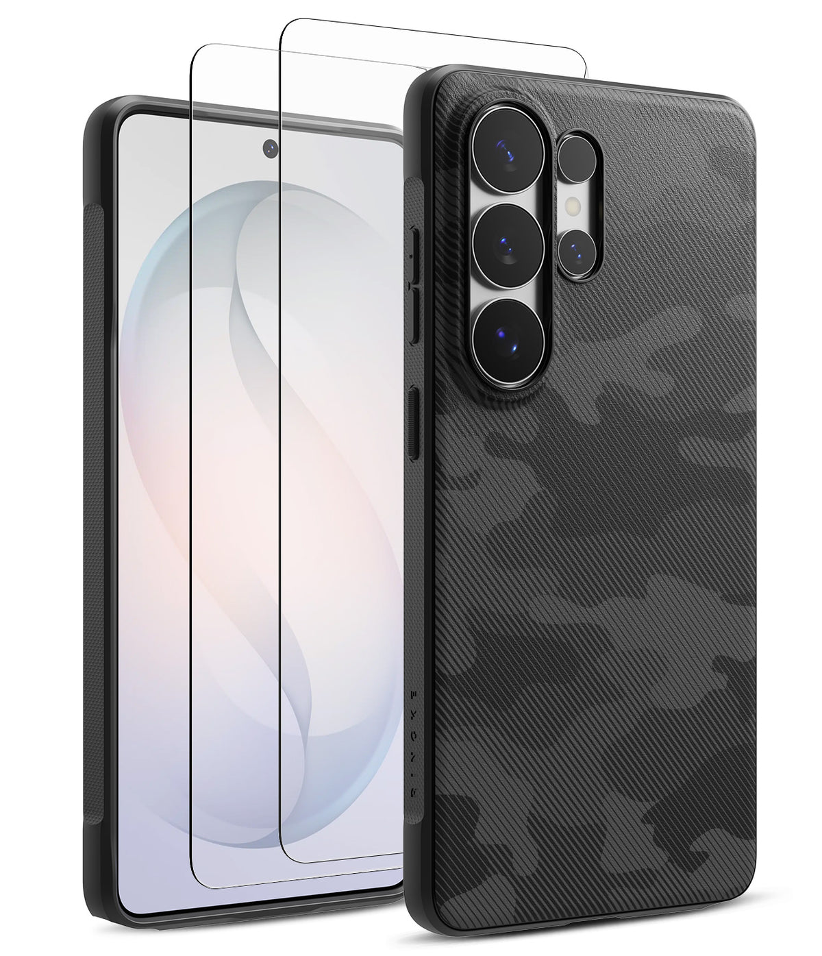 [Bundle] Galaxy S26 Ultra | Onyx - Galaxy S26 Ultra with a black camo case and two glass screen protectors.