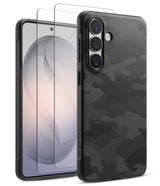 [Bundle] Galaxy S26 | Onyx - Galaxy S26 phone with a black camo case and two transparent screen protectors.