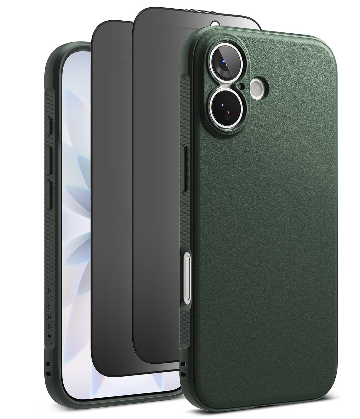 [Bundle] iPhone 17 | Onyx Magnetic - Dark green phone case with dual camera lenses and a screen protector layered behind it.