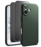 [Bundle] iPhone 17 | Onyx Magnetic - Dark green phone case with dual camera lenses and a screen protector layered behind it.