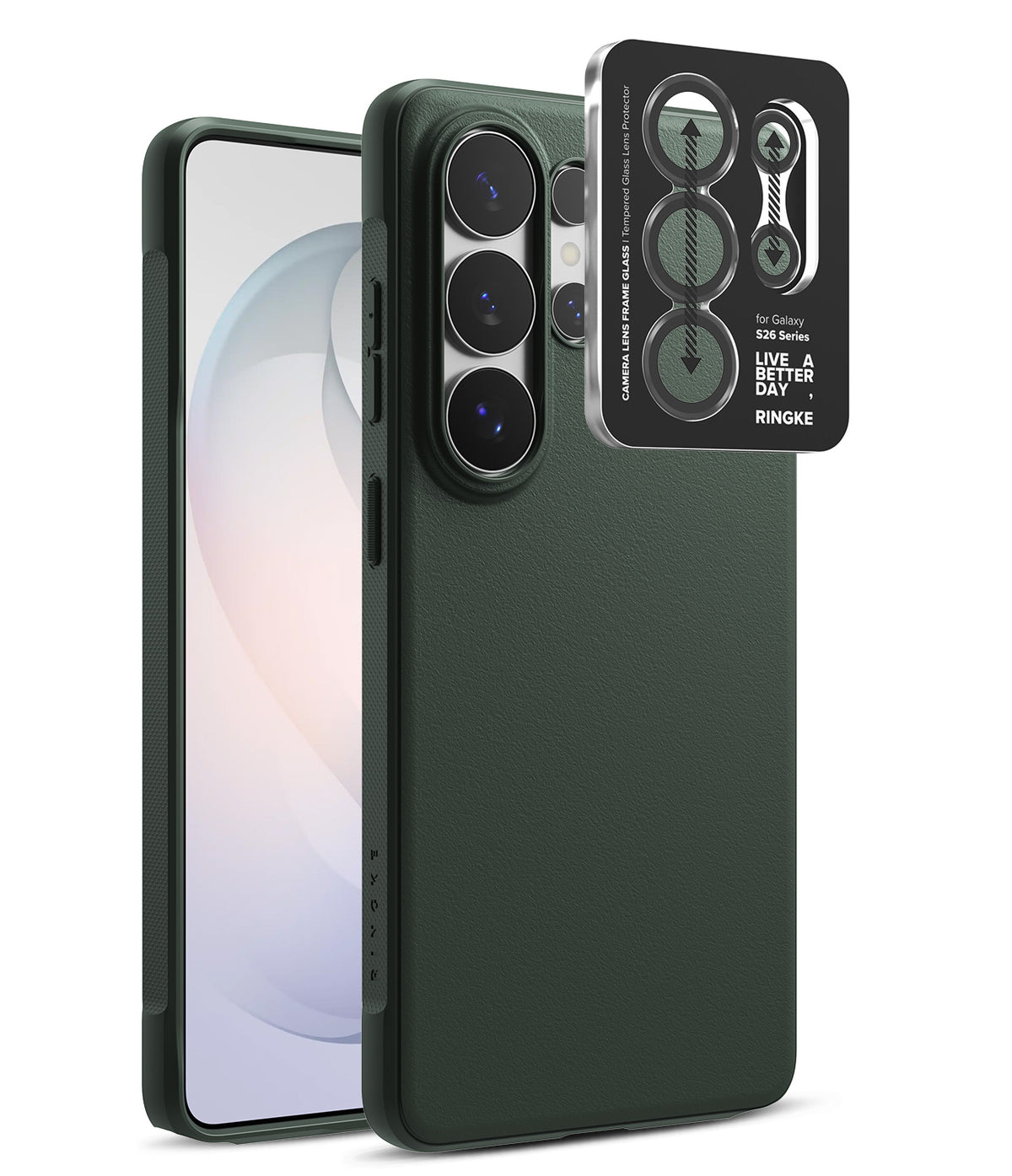 [Bundle] Galaxy S26 Ultra | Onyx - Dark green phone case with a matching camera lens protector frame floating above it.