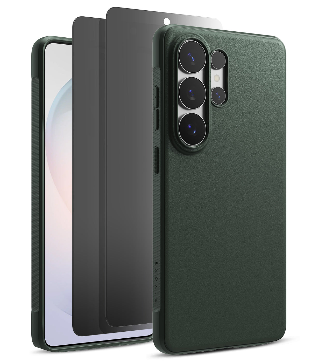 [Bundle] Galaxy S26 Ultra | Onyx - Dark green phone case with screen protector layers floating behind the device.