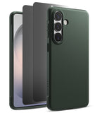 [Bundle] Galaxy S26 | Onyx - Dark green phone case and two screen protectors layered behind a smartphone.