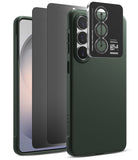 [Bundle] Galaxy S26 | Onyx - Dark green phone case with a camera lens protector and two screen protectors layered behind it.