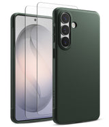 [Bundle] Galaxy S26 | Onyx - Galaxy S26 | Onyx - Dark green phone case and two screen protectors for a smartphone with a triple camera setup.