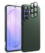 Bundle 15% Galaxy S26 FE Case + Screen / Camera Protectors | Onyx - Dark green phone case shown from the back and side, with a matching clear screen protector and a black camera lens protector overlay, displayed on a white background.