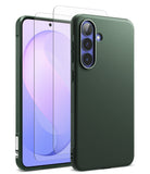 Bundle 15% Galaxy S26 FE Case + Screen / Camera Protectors | Onyx - Dark green textured phone case shown from the back, with a matching screen protector displayed over the front view of the phone on a clean white background.