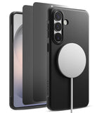 [Bundle] Galaxy S26 | Onyx Magnetic - Black textured phone case with magnetic charger attached and two screen protectors.