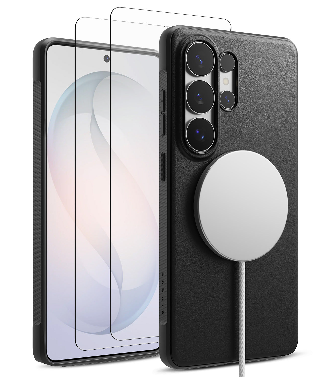 [Bundle] Galaxy S26 Ultra | Onyx Magnetic - Galaxy S26 Ultra | Onyx Magnetic - Black textured case with magnetic charger and two screen protectors on a phone.