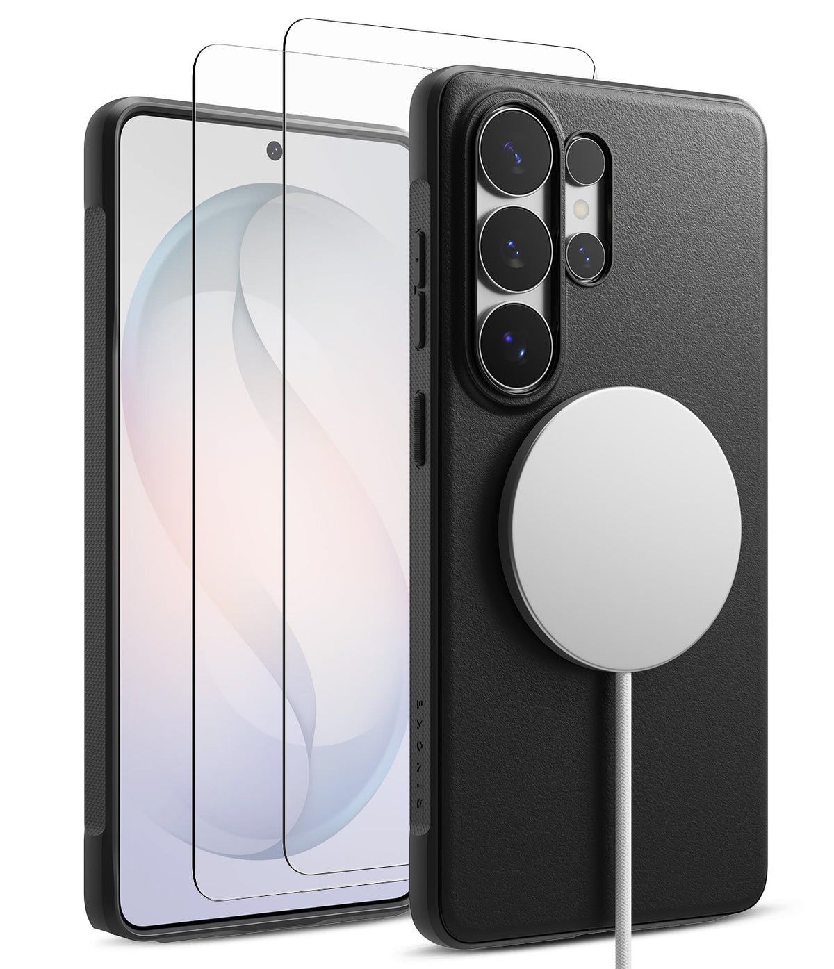 [Bundle] Galaxy S26 Ultra | Onyx Magnetic - Galaxy S26 Ultra | Onyx Magnetic - Black textured case with magnetic charger and two screen protectors on a phone.