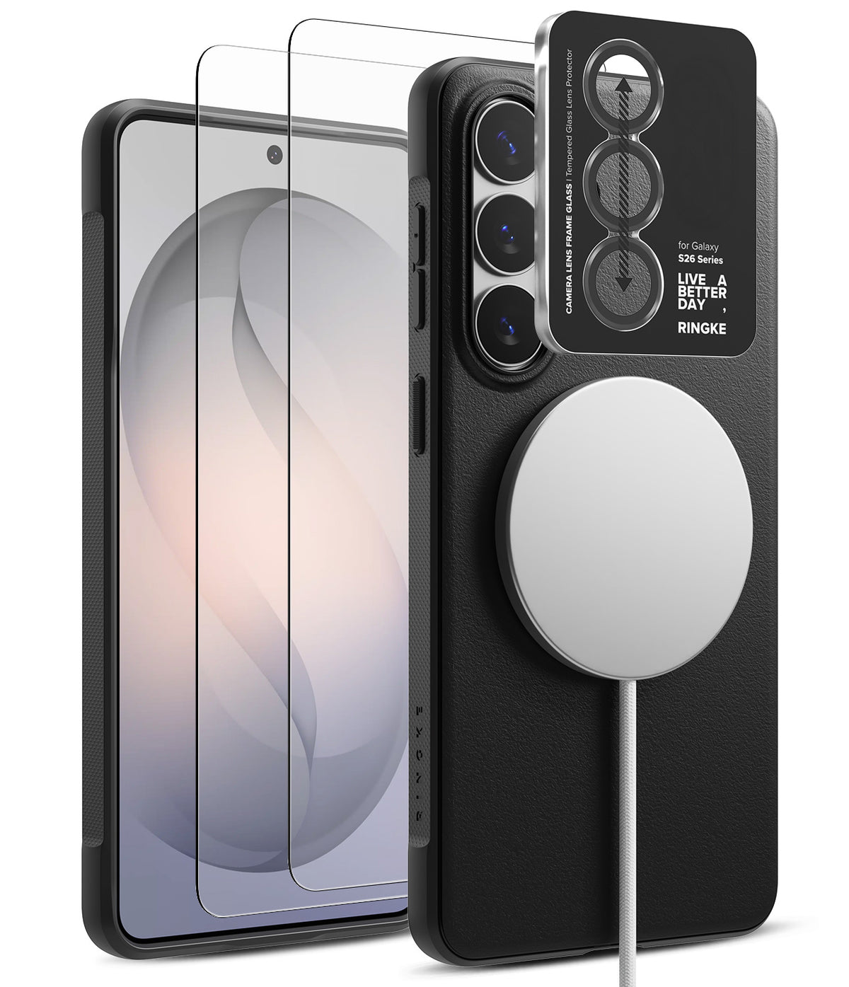 [Bundle] Galaxy S26 Plus | Onyx Magnetic - Black phone case with magnetic charger, screen protector, and camera lens cover.