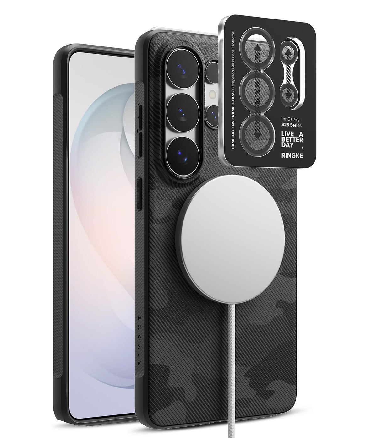[Bundle] Galaxy S26 Ultra | Onyx Magnetic - Galaxy S26 Ultra | Onyx Magnetic - Black camo phone case with magnetic ring and camera lens protector on a white background.