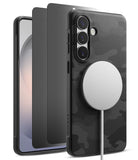 [Bundle] Galaxy S26 | Onyx Magnetic - Black camo phone case with magnetic charger attached, shown with screen protector layers.