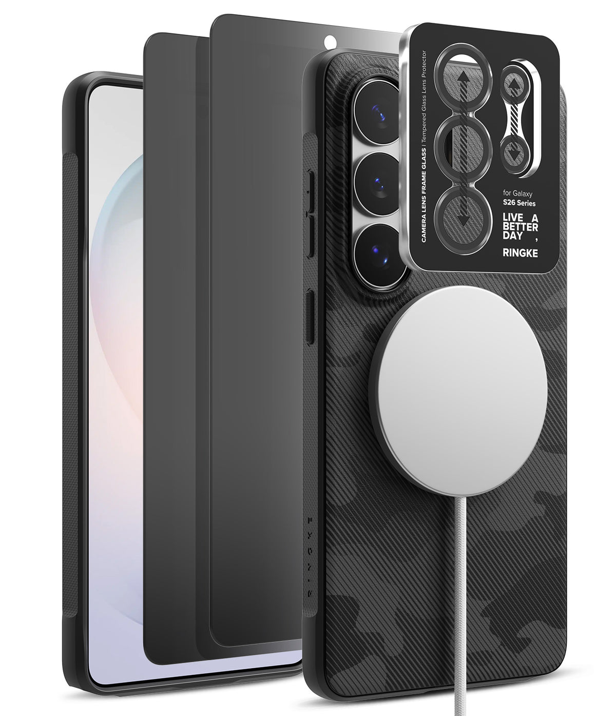 [Bundle] Galaxy S26 Ultra | Onyx Magnetic - Galaxy S26 Ultra | Onyx Magnetic - Camo case with magnetic charger, screen protector, and camera lens cover.