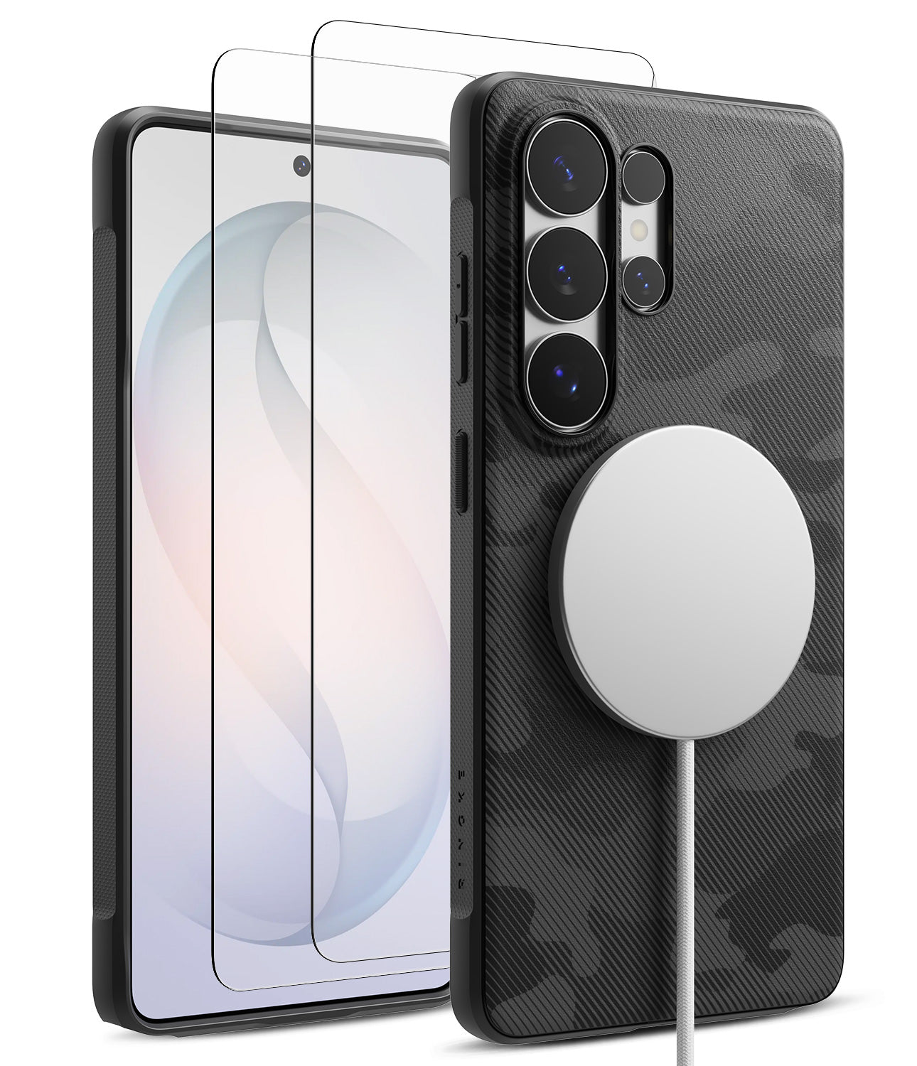 [Bundle] Galaxy S26 Ultra | Onyx Magnetic - Black camo phone case with magnetic charger and two screen protectors.